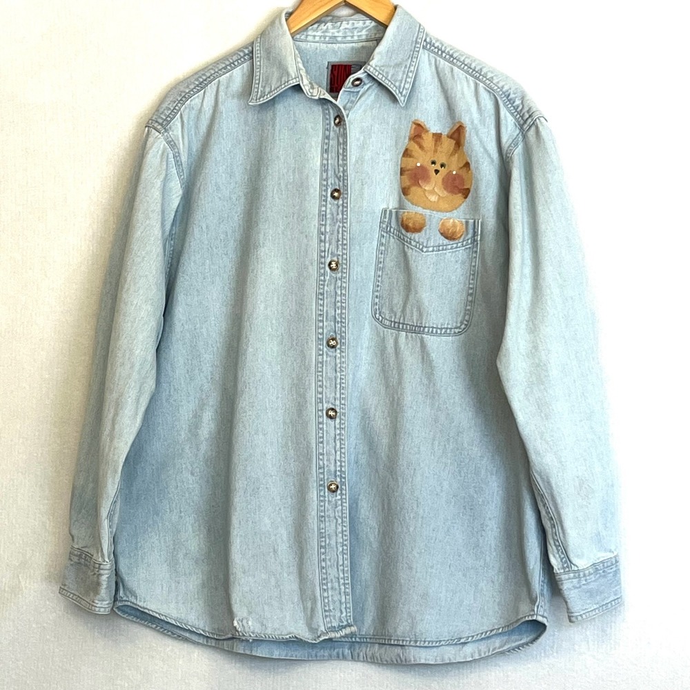 VTG Sun Belt Denim Cat Shirt Garden Women's Size‎ XL Light Wash Pocket Appliquet